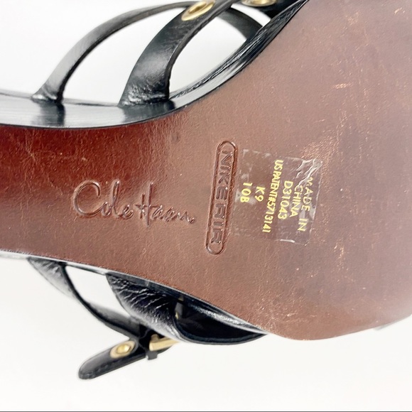 Cole Haan Black Strappy Wedge Leather Sandals - Picture 10 of 12